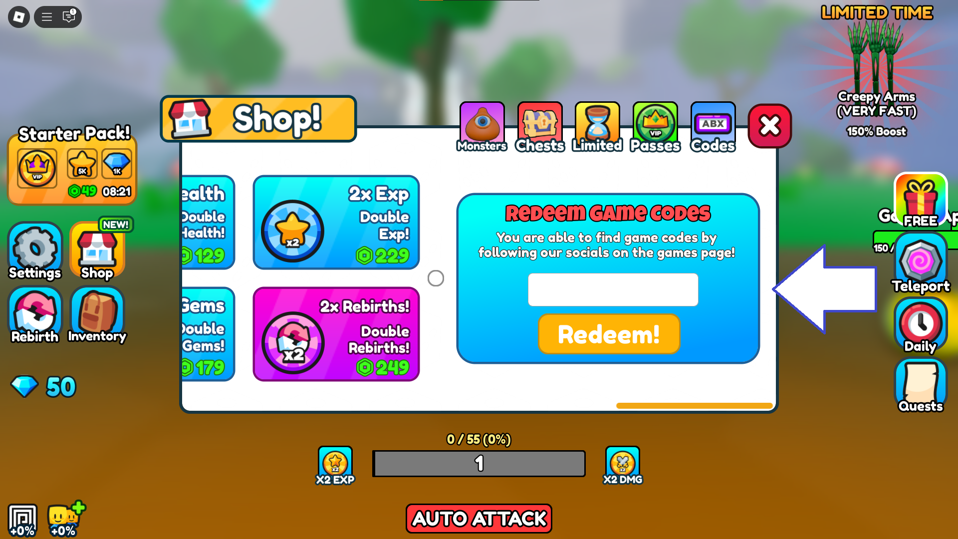 A screenshot of Monster Evolution in Roblox showing the game's codes screen.