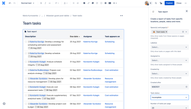 Mejores prácticas para trabajar con tablas en Confluence 4 captura de pantalla de las tareas del equipo