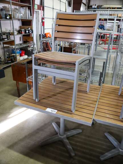 Rectangular table or accommodates a small table and. 32in x 32in Wood Top Outdoor Patio Table and (2) Chairs - Roller Auction