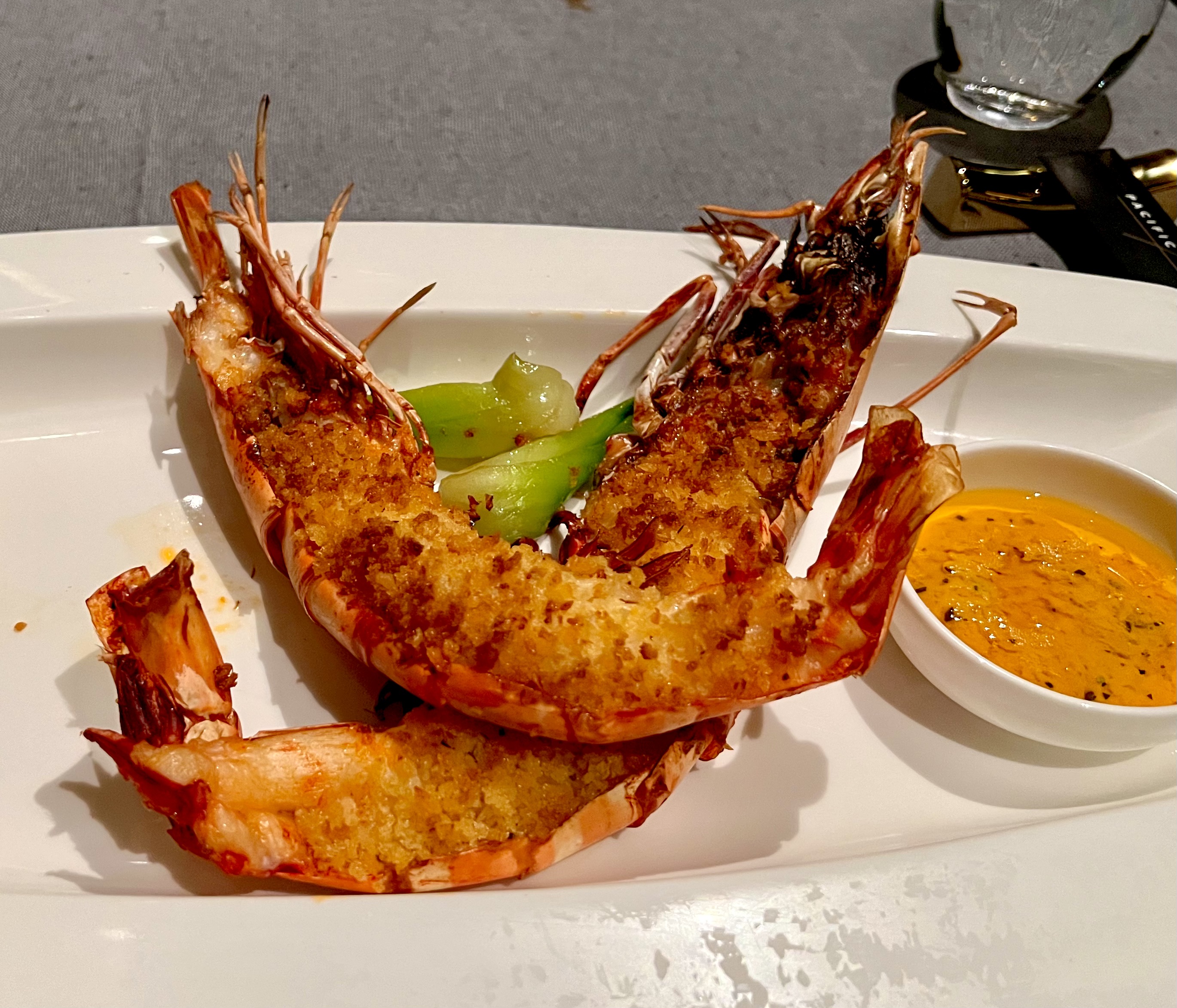 gigantic pink tiger prawns sriracha, garlic and kaffir lime butter