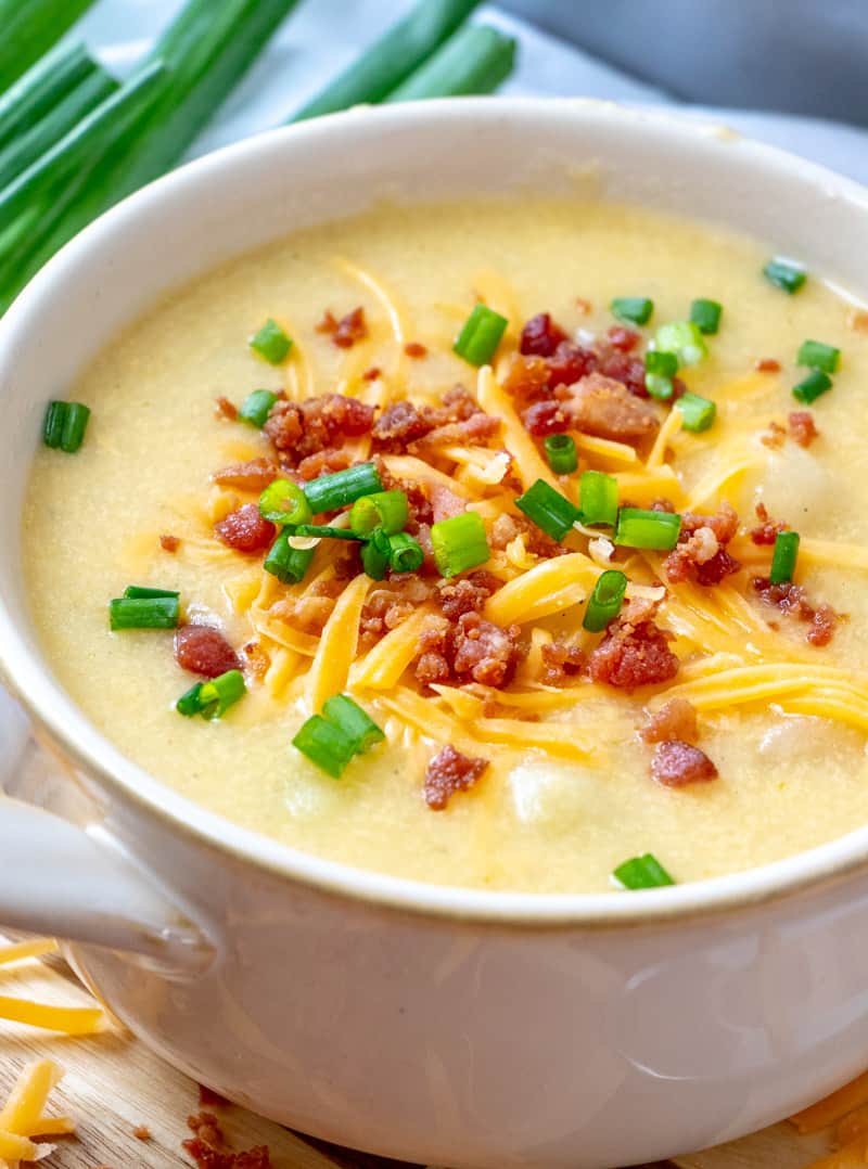 Add soup, 1/2 can broth, 1 can milk and stir. Loaded Baked Potato Soup Using Chicken Stock, Cream Cheese