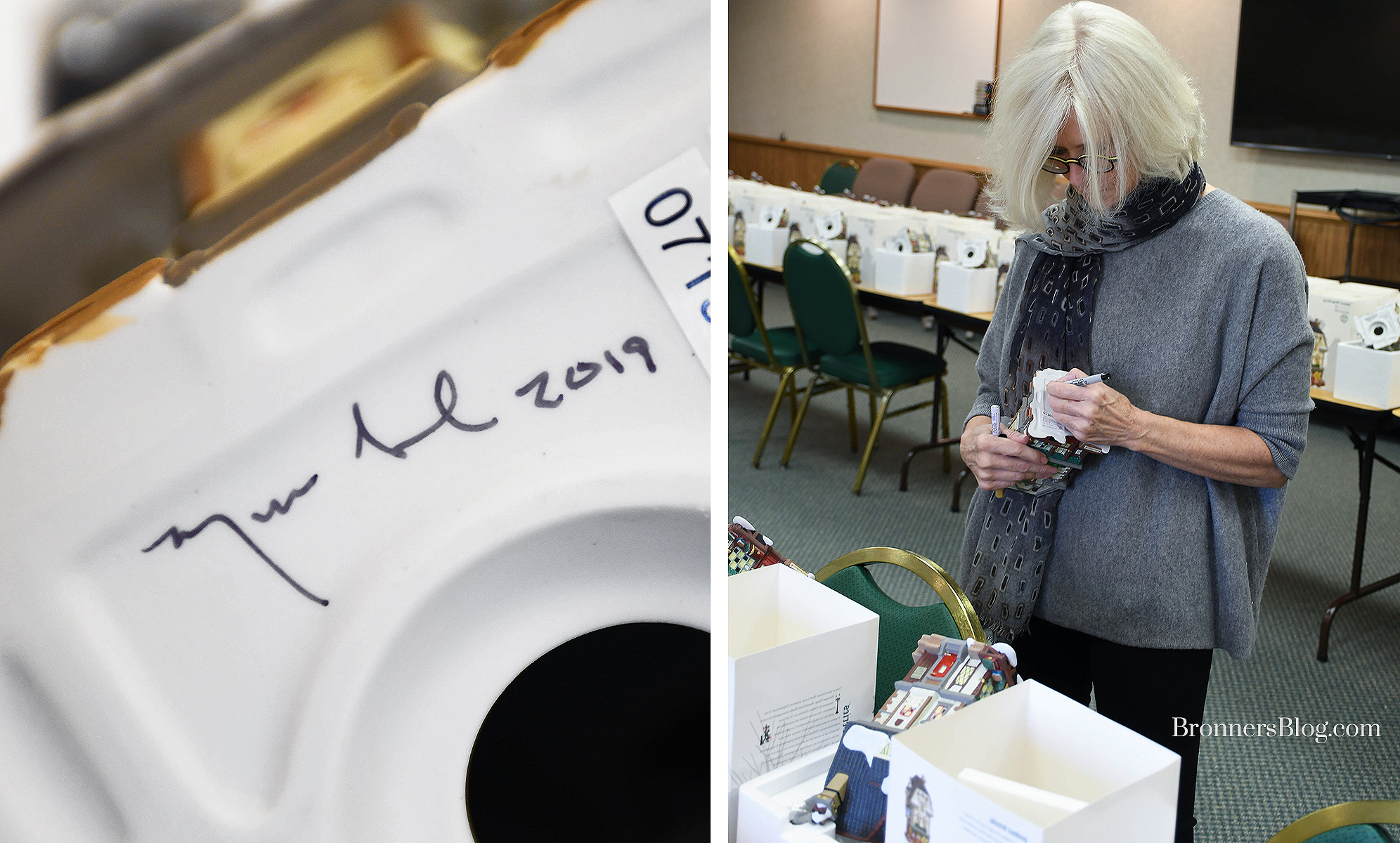 a collage showing Barb Lund's signature on "Russell Street Books," our Department 56 giveaway, and Barb Lund signing the bottom of the piece


