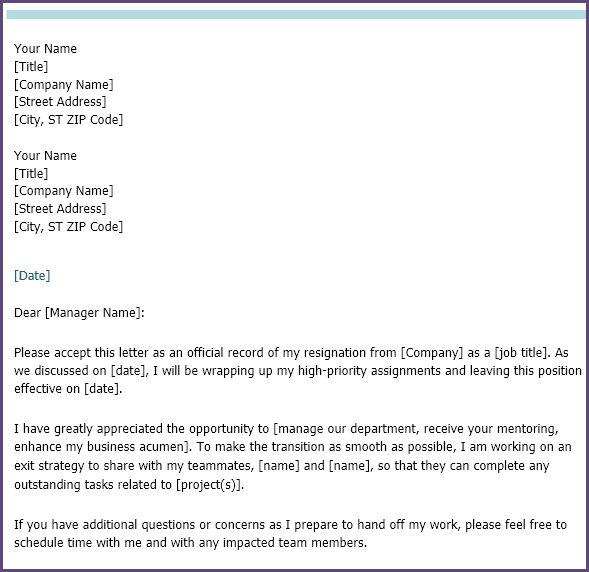 · a statement that you intend to resign from your job · the date that you intend your notice period to begin · your . Resignation Letter Template Free Download