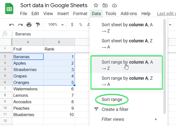 Google sheet sort