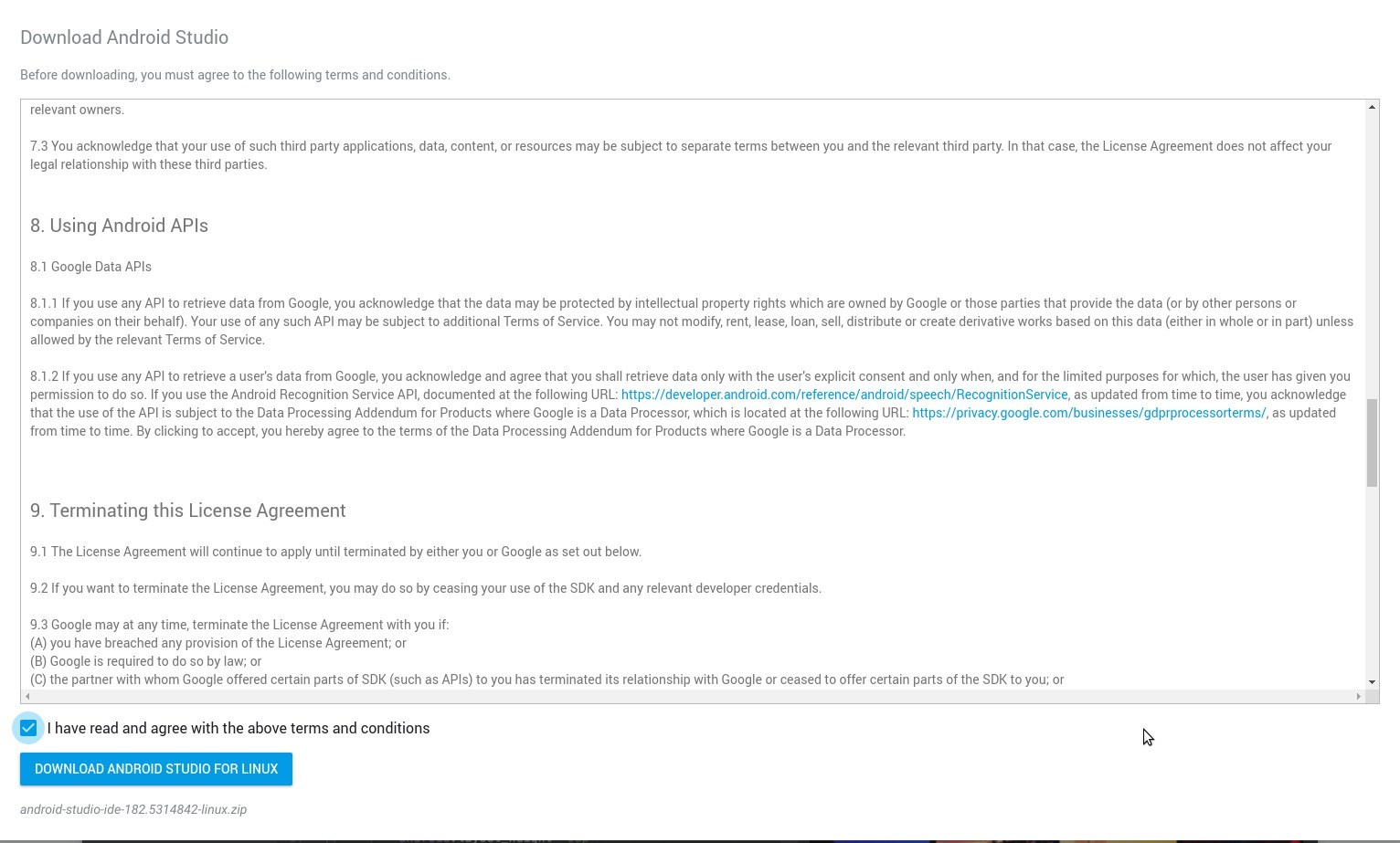 Android Studio Terms and Conditions