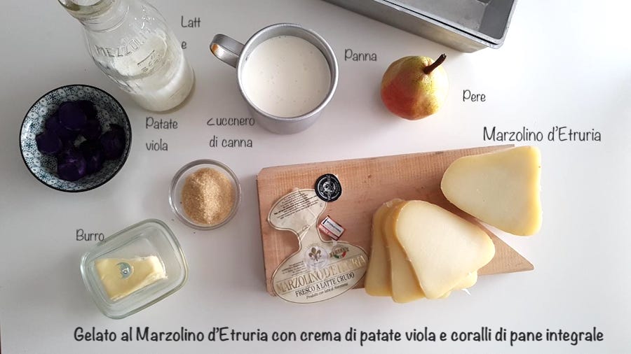 ingredienti per il gelato al pecorino con crema di patate dolci e chips di pane