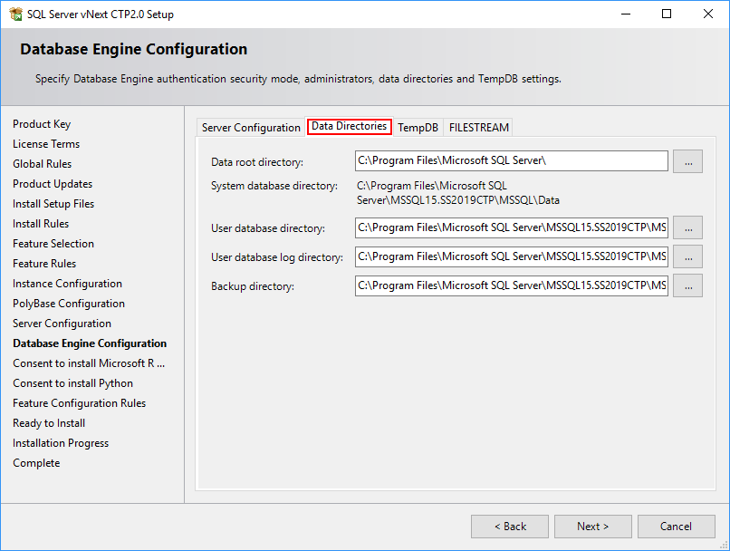 SQL Server 2019 Setup - Database Engine - Data Directories