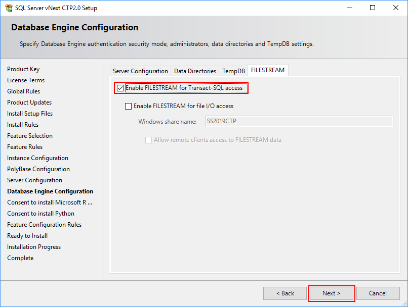 SQL Server 2019 Setup - Database Engine - Filestream