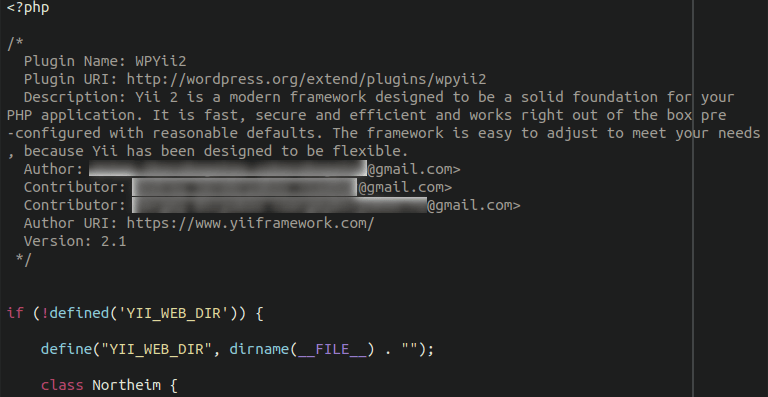 Fake plugin code of a WordPress credit card skimmer