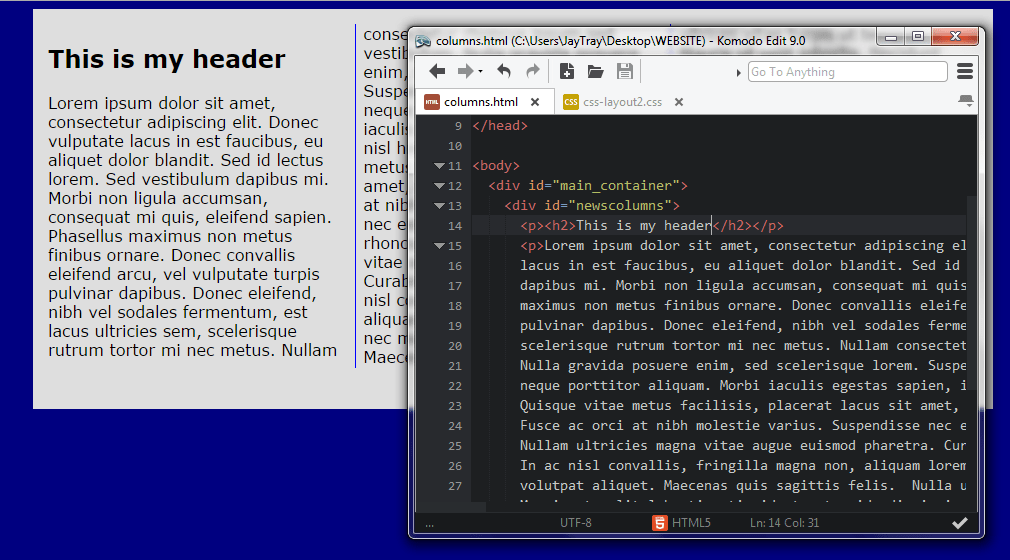 example showing a header added to the layout with columns first file