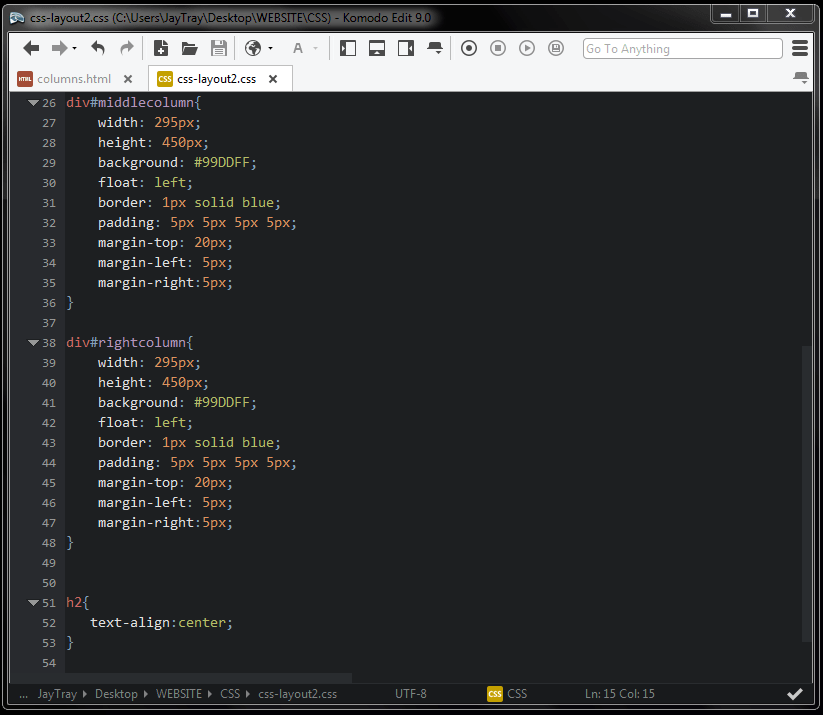 screenshot of css code for layout with columns