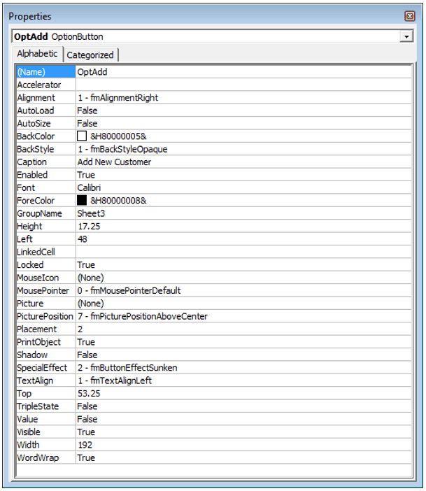 Option Buttons Properites