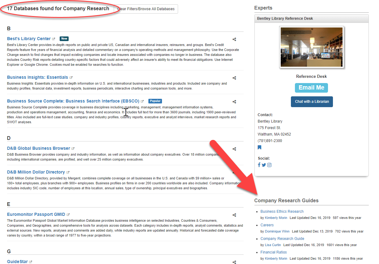 Screenshot of Databases A-Z subject filter page for Company Research with Research Guides highlighted.