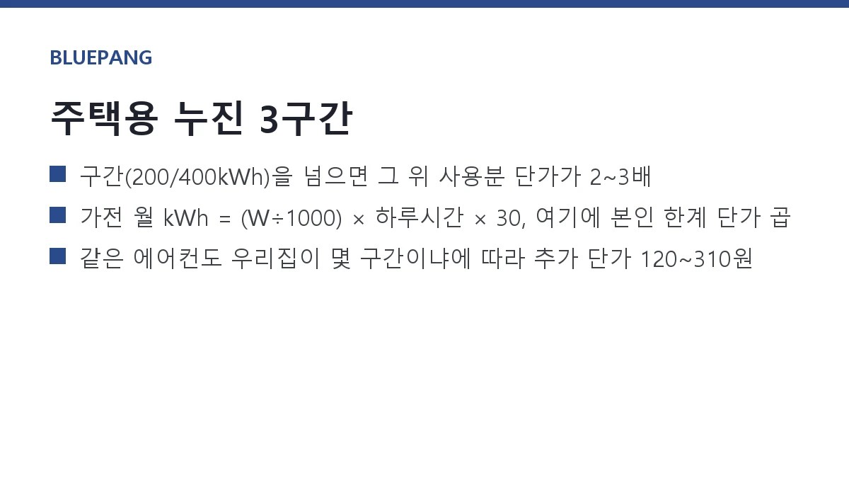 전기요금 누진제 계산법 — kWh 단가와 가전별 요금 직접 구하기 전기요금 누진제 계산법 — kWh 단가와 가전별 요금 직접 구하기