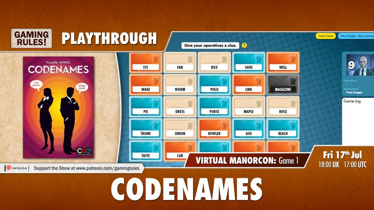 Codenames online playthrough Virtual ManorCon Game 1 3 Boardgame Stories