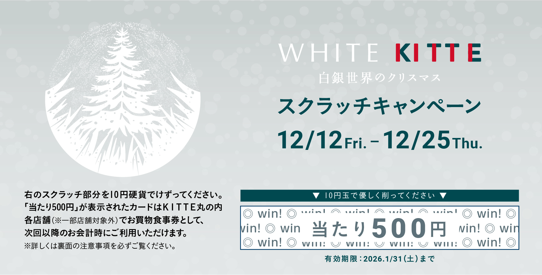 白銀世界のクリスマスKITTE】本物のモミの木を使用した高さ約13mの