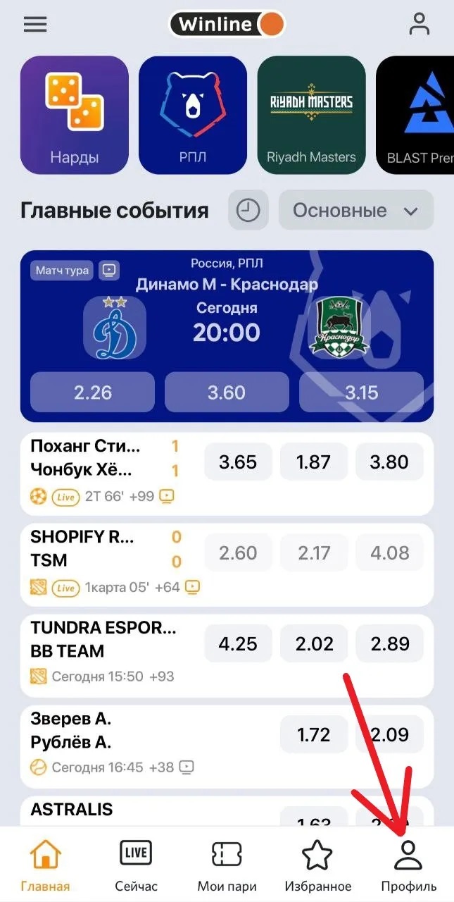 Переход в раздел Профиль в мобильном приложении Winline
