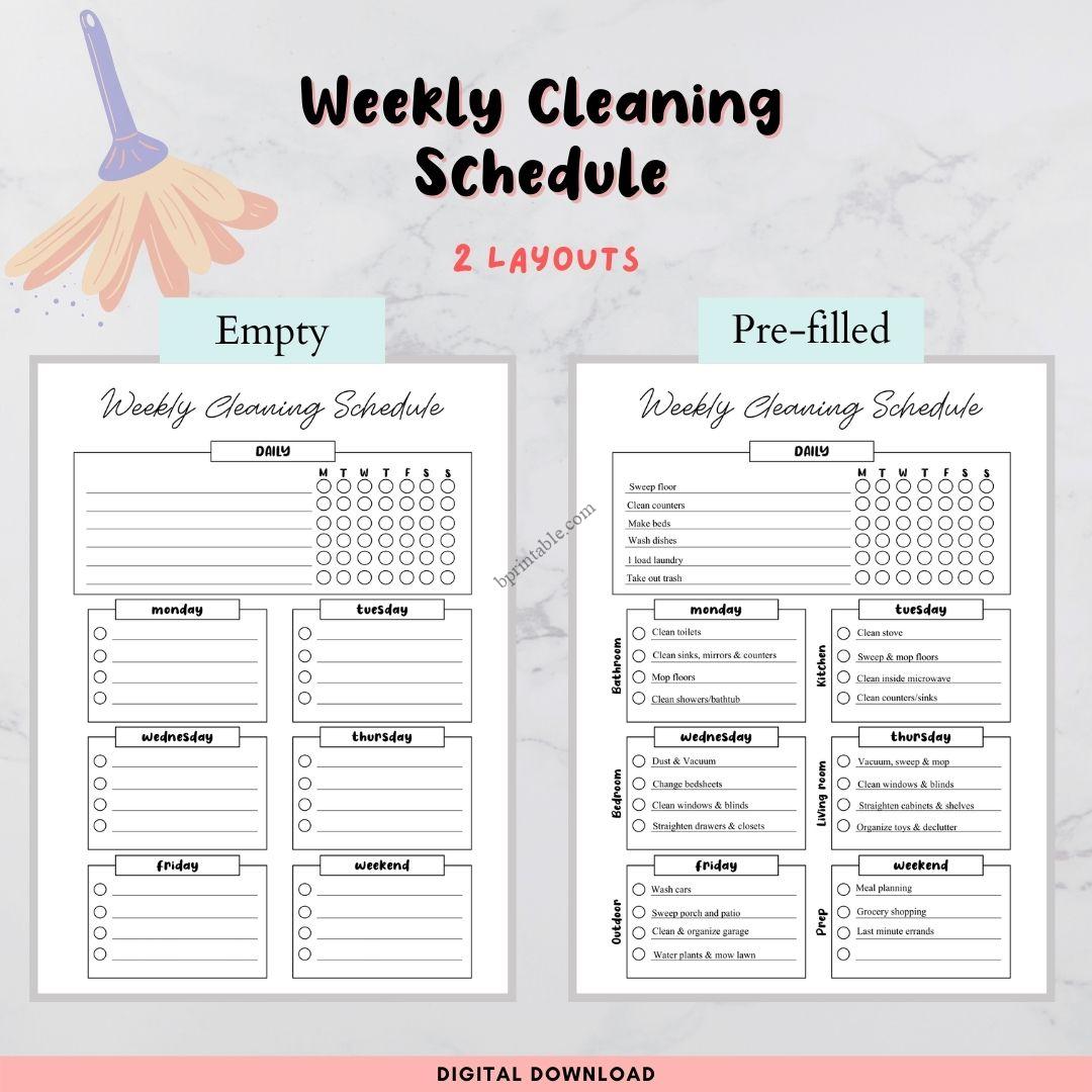 weekly cleaning schedule bprintablecom