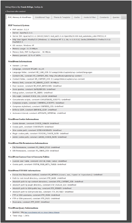 Sometimes we are unable to reproduce a problem that a user is encountering when using one of our wordpress plugins. Debug Objects - WordPress Plugin - bueltge.de by:ltge.de