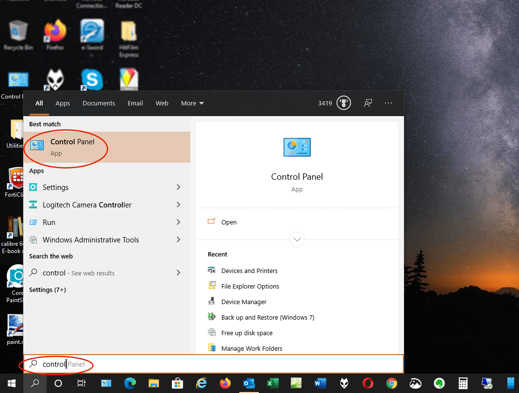 Control Panel access through Windows 10
