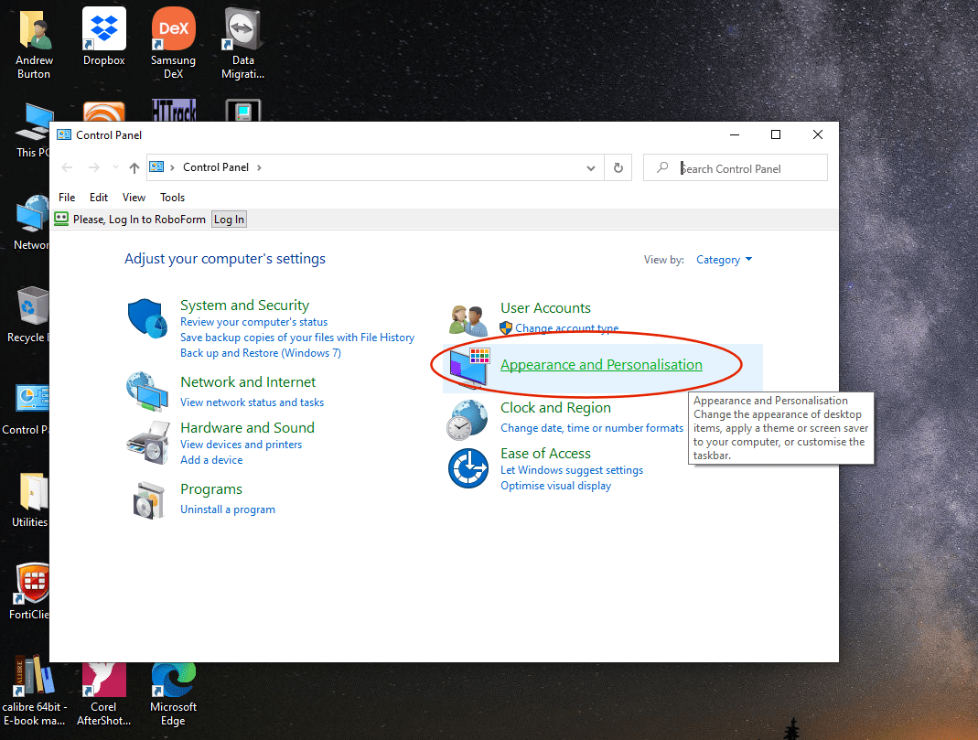 Navigate to “Appearance and Personalisation”