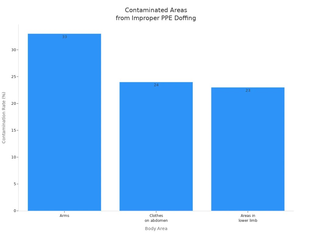 Bar chart showing contamination rates for arms, abdomen, and lower limb due to improper PPE doffing