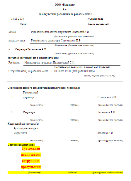Акт о прогуле сотрудника образец 2022