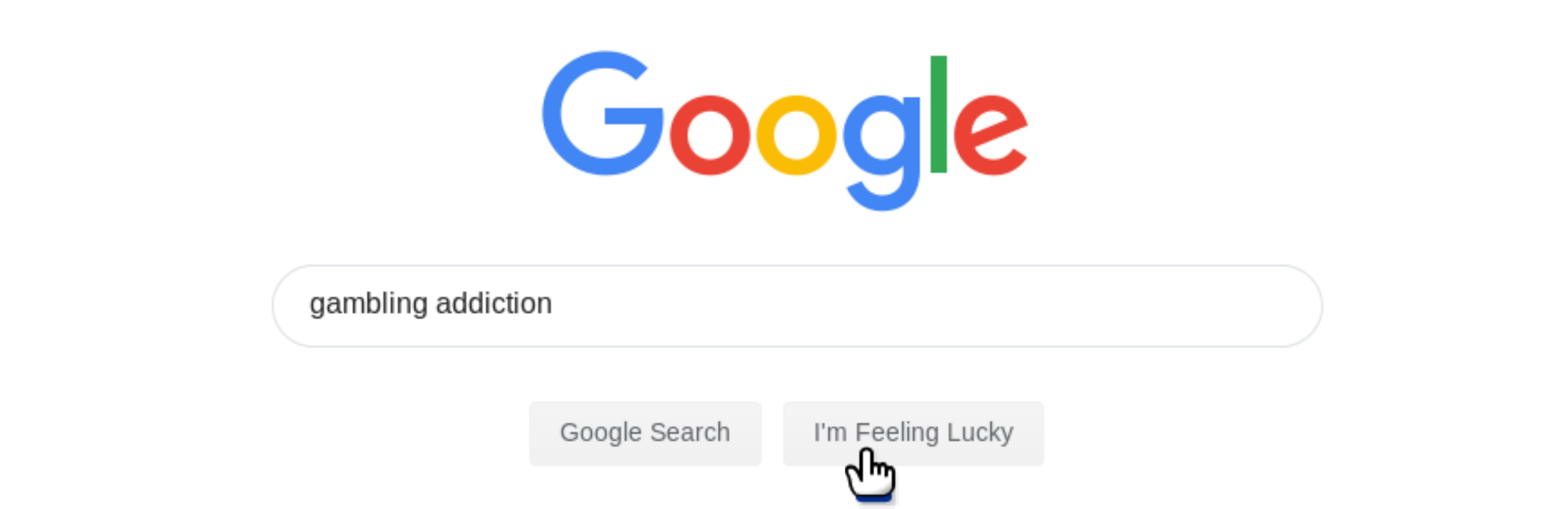 An ironic screenshot showing the use of the "I'm Feeling Lucky" button to find more information on gambling addiction