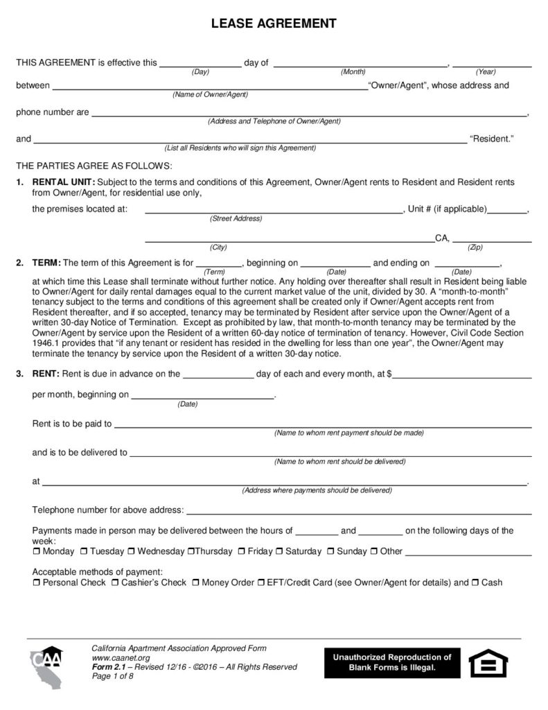 lease agreement form 21 california apartment association