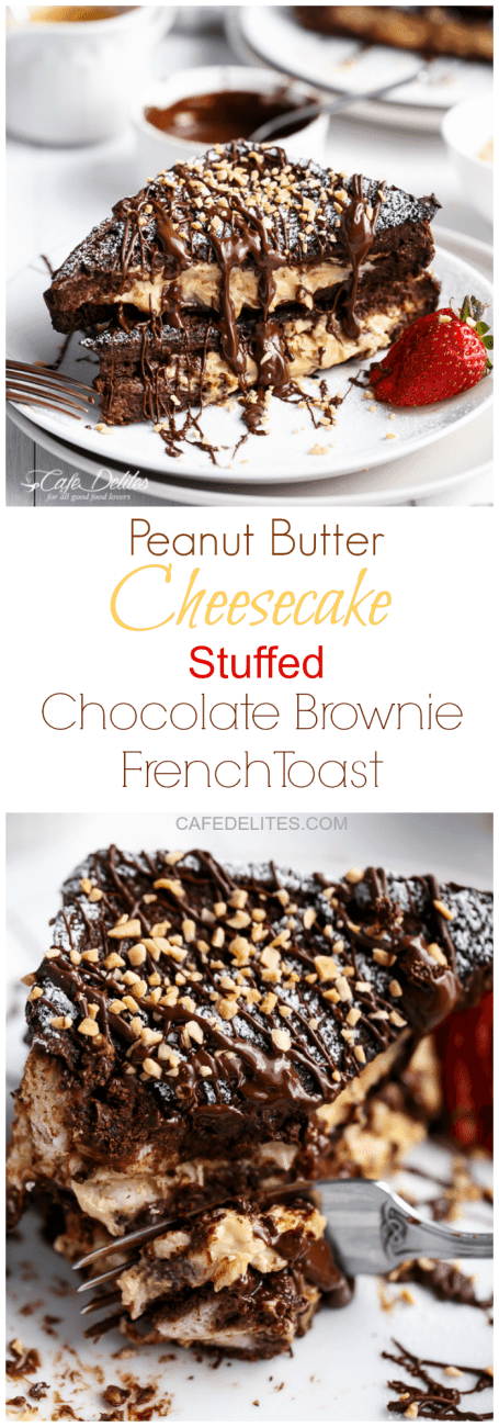 Peanut Butter Cheesecake Stuffed Chocolate Brownie French Toasts | http://cafedelites.com