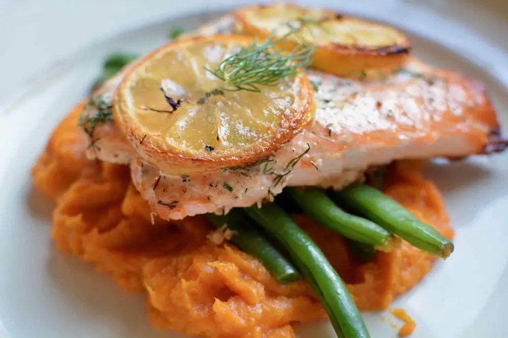 Grilled Salmon with Sweet Potato Puree and Crunchy Green Beans Calm Eats