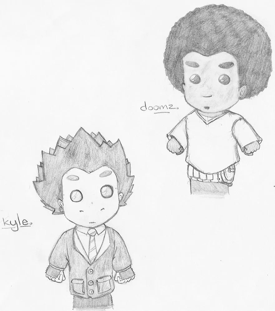 A sketch of my characters Kyle Kongo and Doomz drawn as hand puppets for my Fish 'n' Chimps 4 Kids comic book.