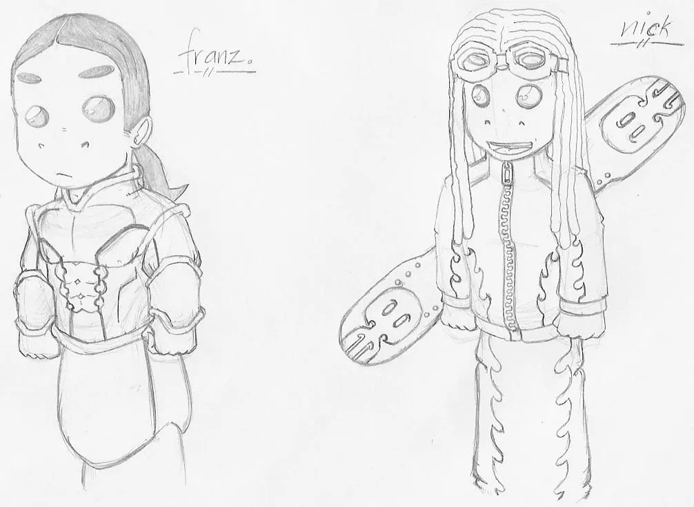 A sketch of my characters Franz von Chimpenheiser and Nick Simian drawn as hand puppets for my Fish 'n' Chimps 4 Kids comic book.