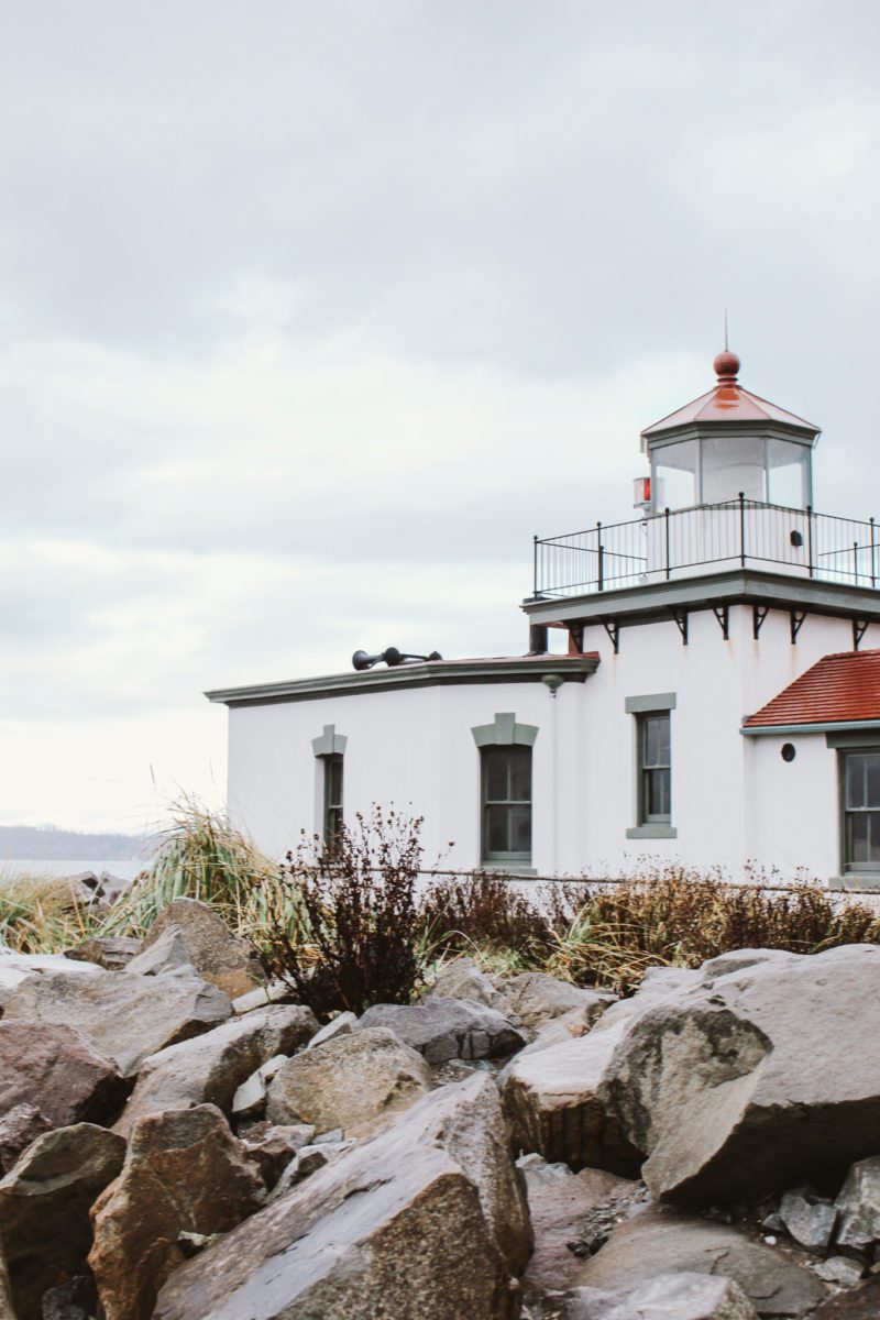 closeup of discovery park lighthouse