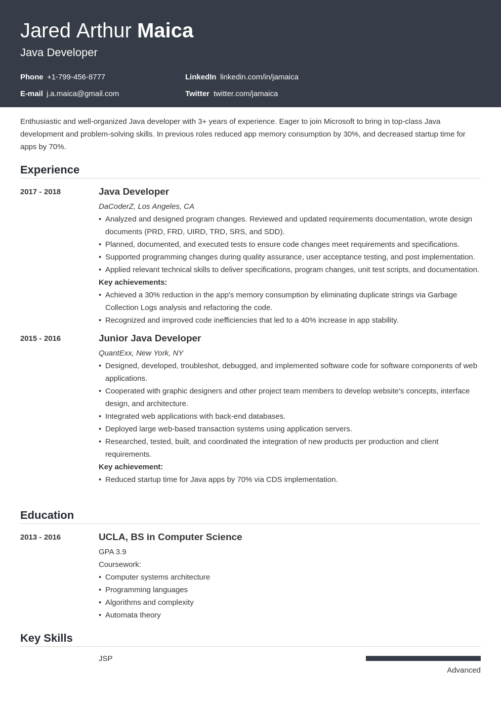 Highlight your java developer resume skills · 2. Java Developer Resume Sample (Mid-Level to Senior)