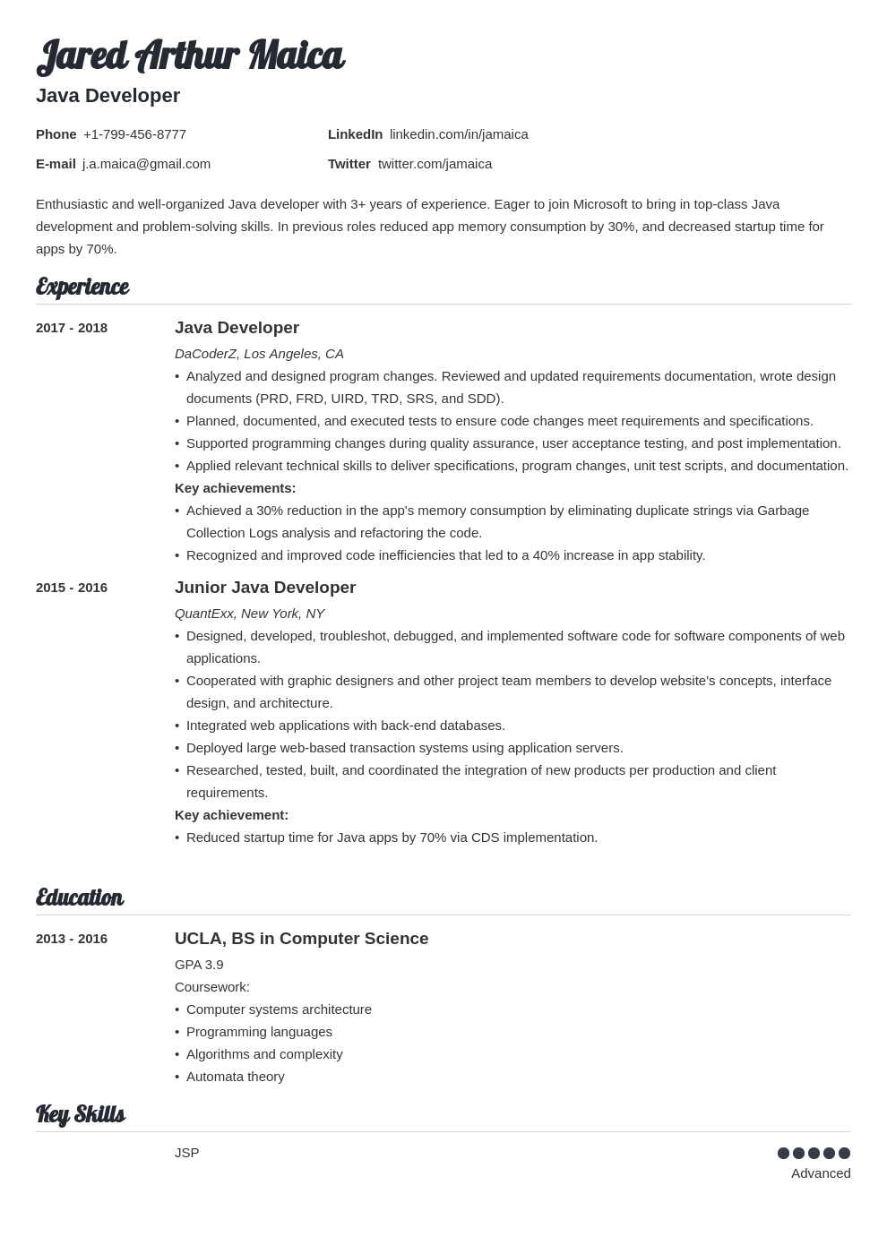 Entry level java developers salary. Java Developer Resume Sample (Mid-Level to Senior)