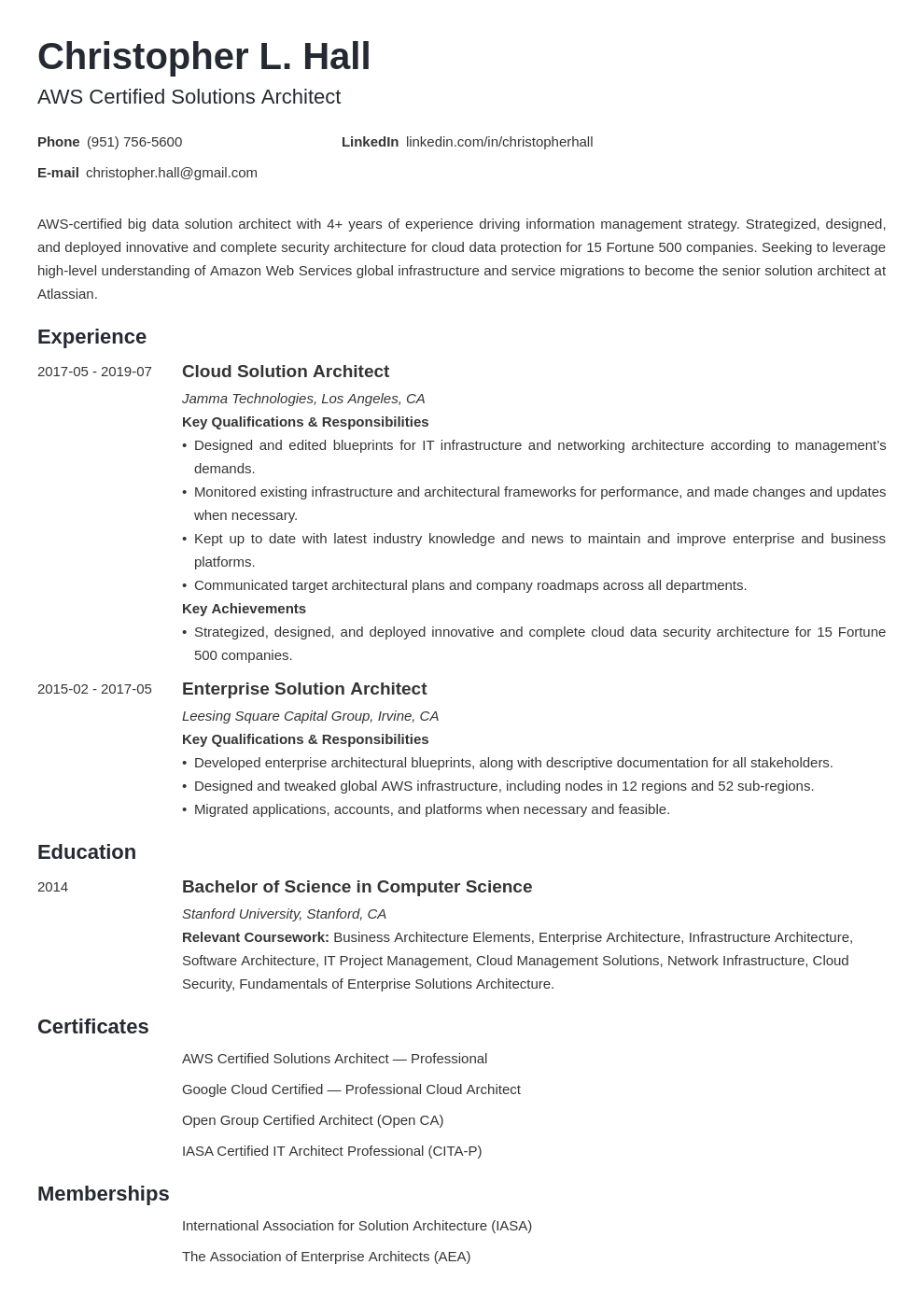 Solution Architect Resume Sample For Aws Cloud More