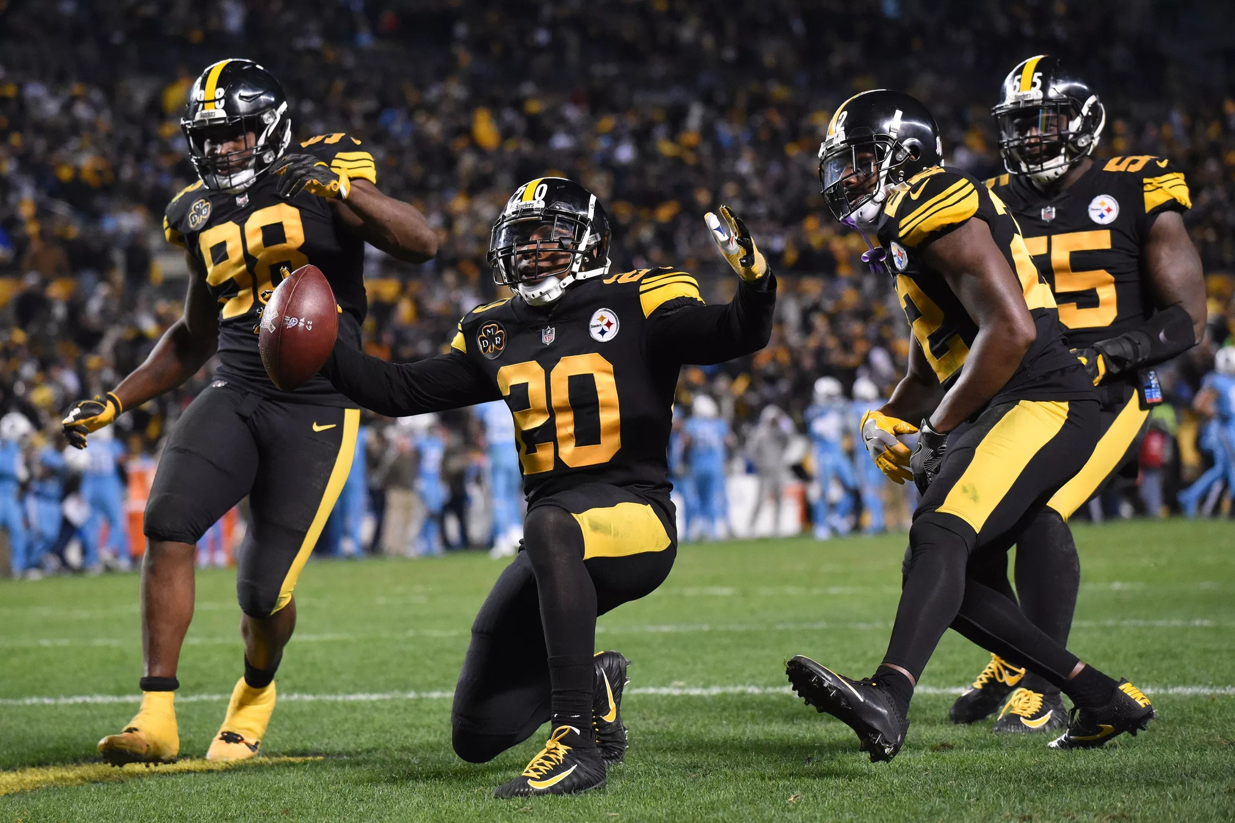 The uniform is a black jersey with gold numbers and gold stripes on the sleeves. Steelers will wear their âColor Rushâ uniforms in Week 10 on Thursday