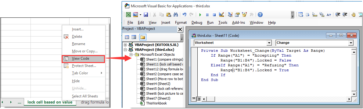 Bagaimana cara mengunci atau membuka kunci sel berdasarkan nilai di sel  lain di Excel?