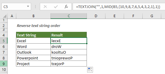 Inverser la chaîne de texte dans une cellule dans Excel