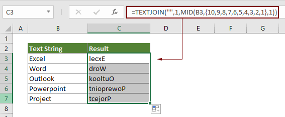 Inverser la chaîne de texte dans une cellule dans Excel