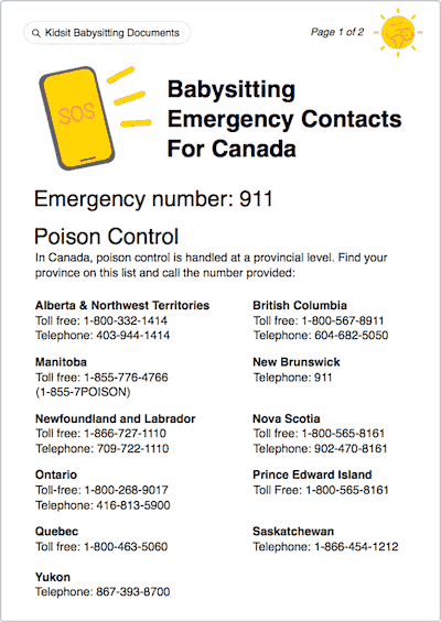 babysitting emergency numbers printable contact sheets