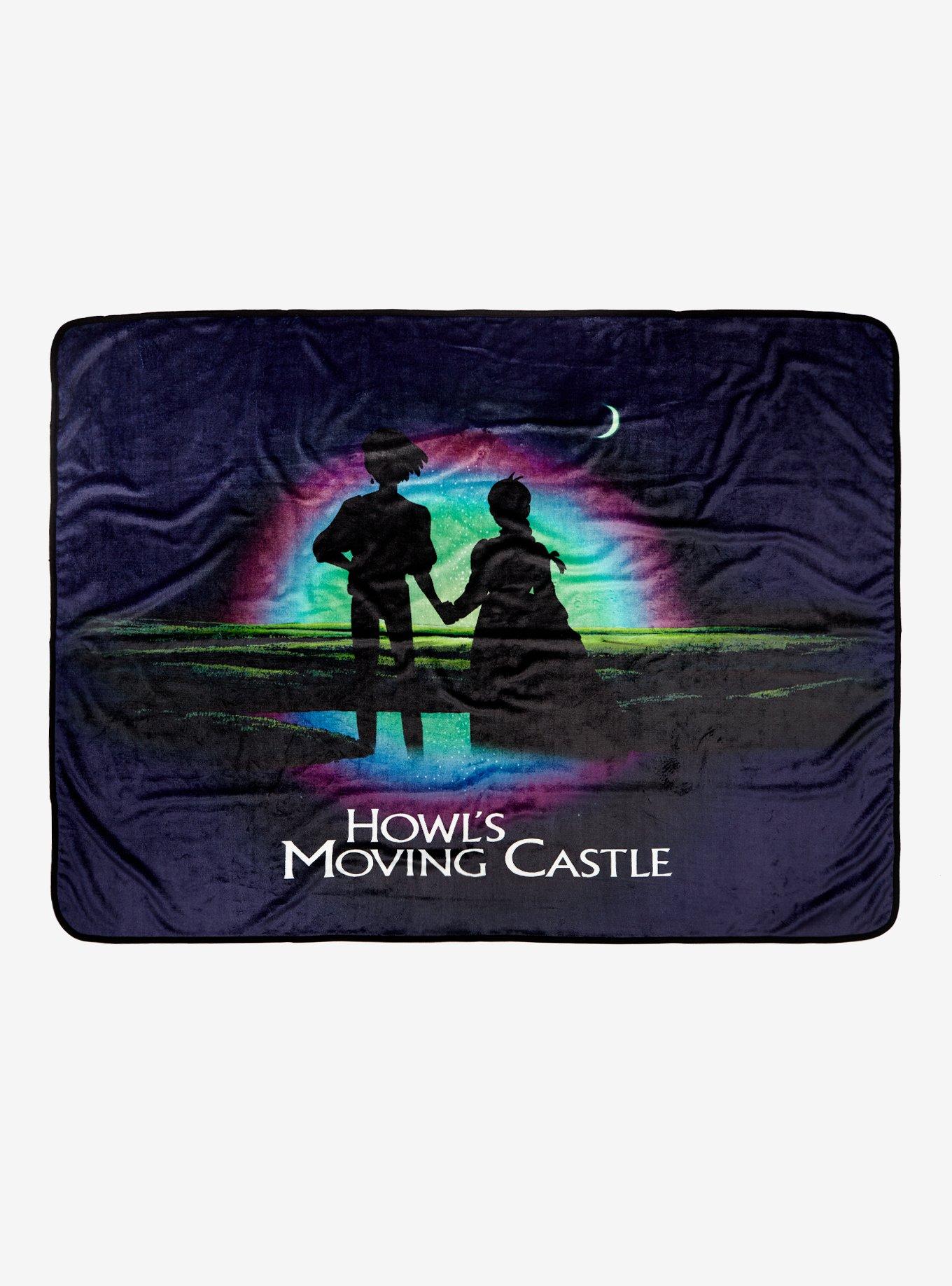 Character flies in front of a full moon, making a silhouette. Studio Ghibli Howl S Moving Castle Sophie Howl Night Sky Silhouette Throw Blanket Boxlunch Exclusive