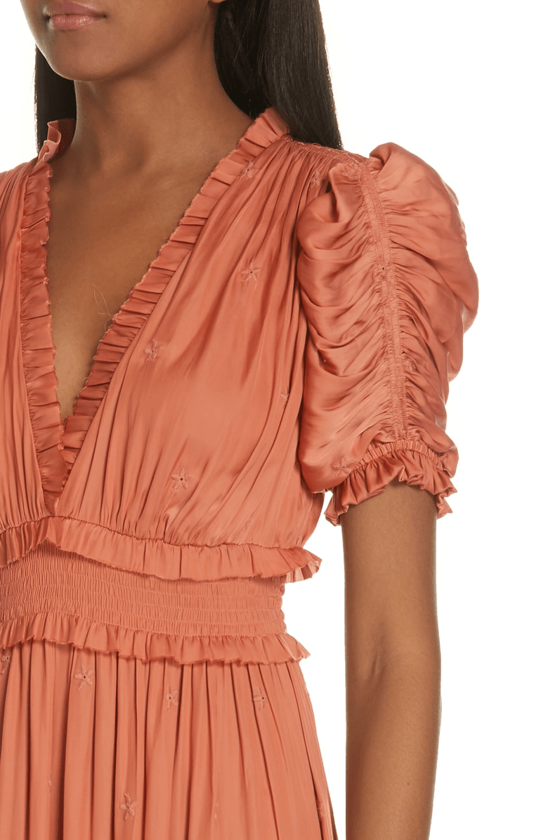 Was:$325.00up to 50% off select colors/sizes. Ulla Johnson Maya Ruched Embroidered Satin Midi Dress In Orange Modesens