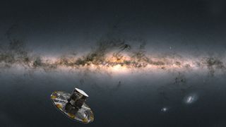 Una nave espacial en forma de cono en primer plano, con una columna densa de luz blanca y gas en el fondo