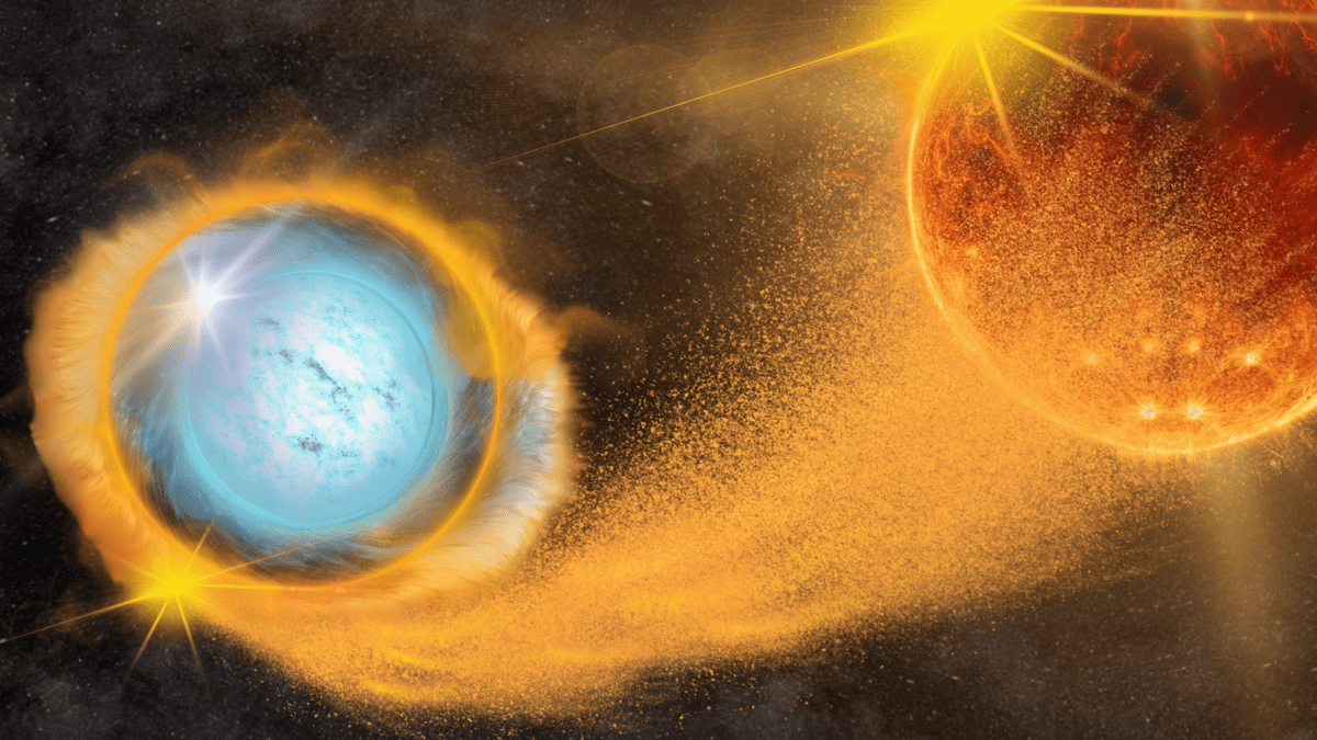 Una ilustración de una estrella enana blanca alimentándose de una compañera estelar antes de una supernova de tipo Ia.
