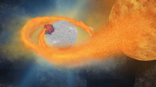 Una esfera blanca envuelta en humo naranja brillante de una gran esfera de naranja