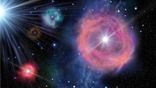 Dos coloridas explosiones de luz sobre un fondo estrellado